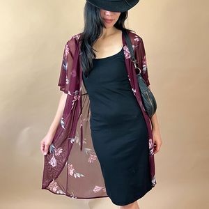 Sheer floral print kimono style cover up in beautiful burgundy color